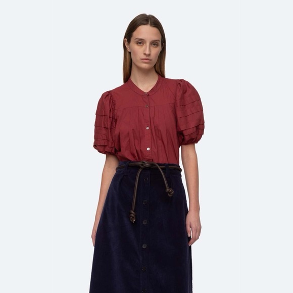 NWT Sea New York Renata Solid Puff Sleeve Pintuck Top in Brick Red, Medium - Picture 1 of 5
